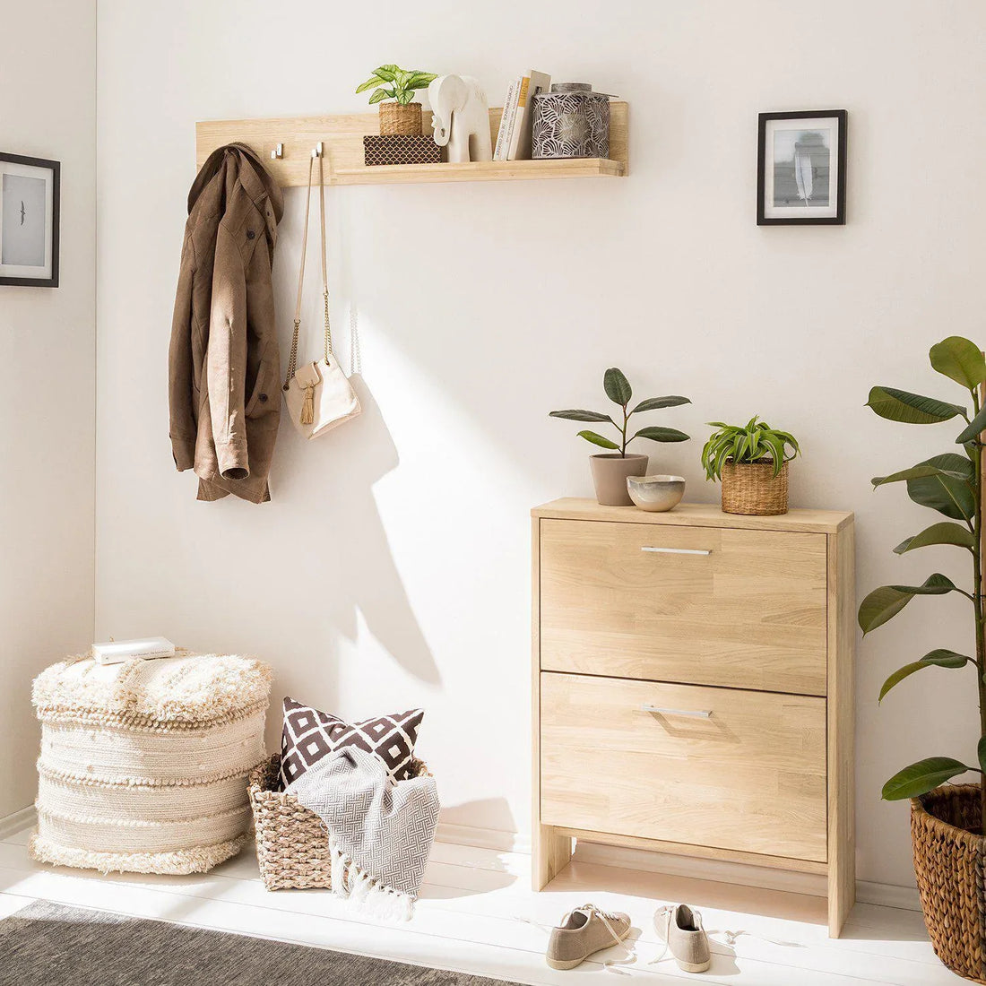 NordicStory Muebles de madera maciza roble, zapatero de madera