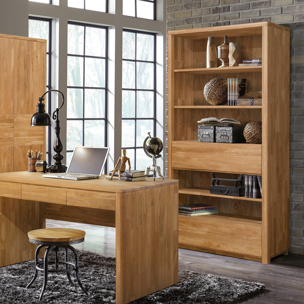 NordicStory Elsa 2 Libreria Estanteria de Pared con 2 Cajones Madera Maciza Roble Natural Escandinavo Nordico Salon Oficina