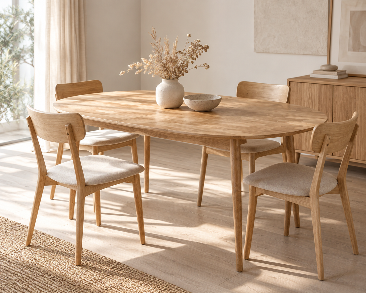 Ovale, uitschuifbare eettafel Escandi 2 van massief eikenhout met afgeronde randen, in een lichte eetkamer
