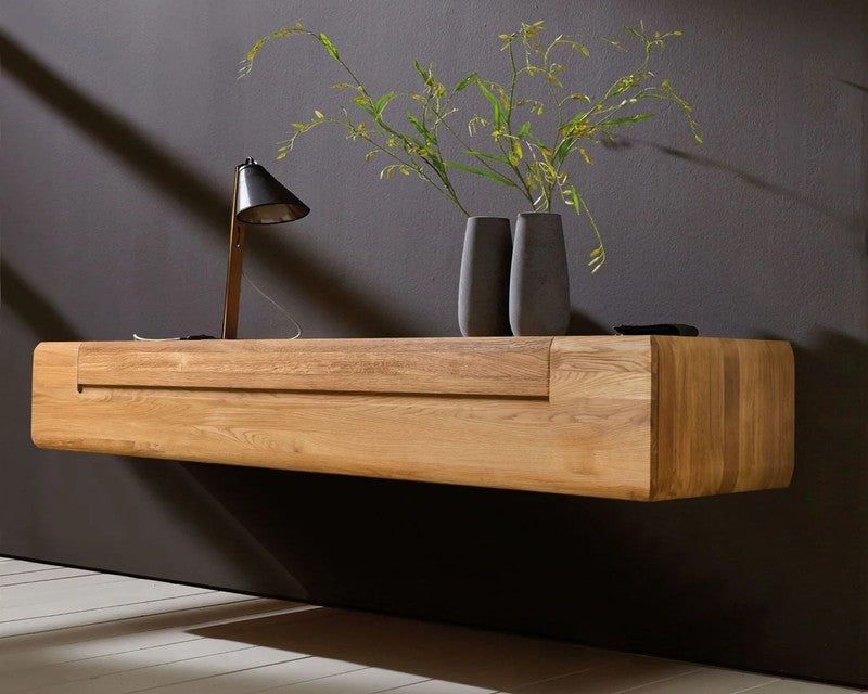 Floating cabinet made of solid natural oak wood for wall mounting