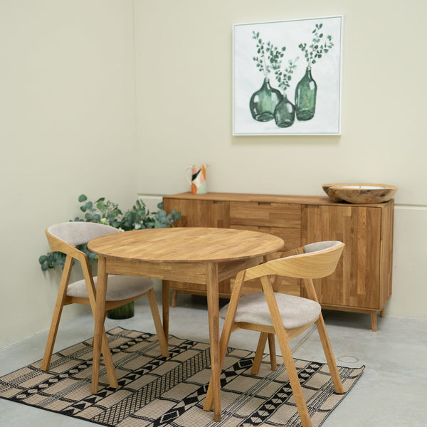 Mesa de comedor redonda y extensible de madera maciza de roble Escandi 3, 100-130 x 100 x 75 cm. | NordicStory