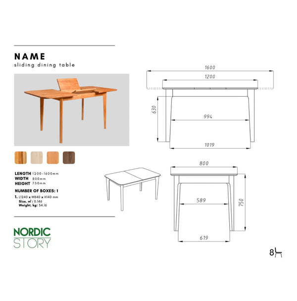 Mesa extensible de comedor de madera maciza de roble France, 120-160 x 80 x 75 cm. | NordicStory