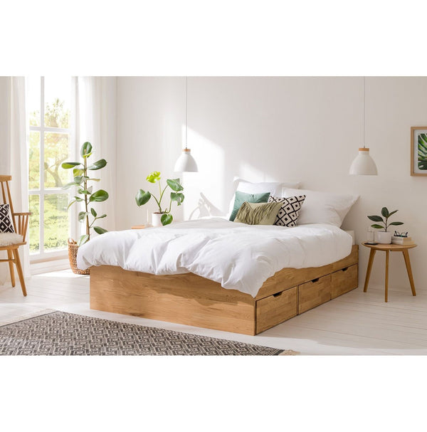 NordicStory Cama con almacenaje de madera maciza de roble Sofia 