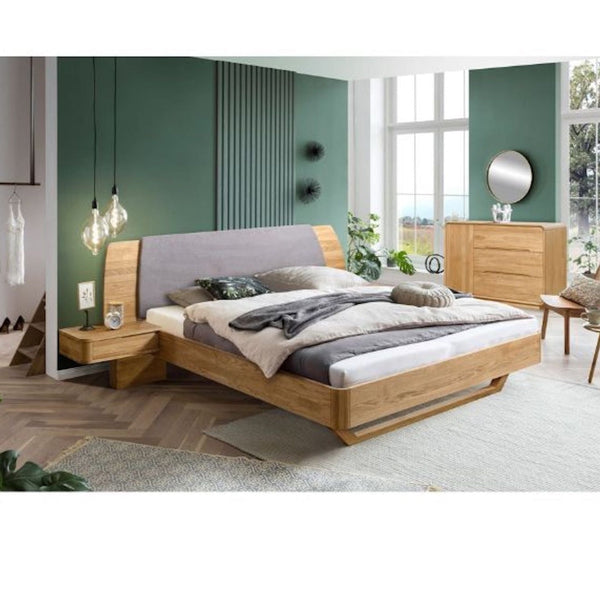 NordicStory Cama de madera maciza de roble Alina con cabezal y 2 mesitas de noche flotante