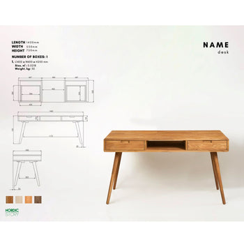 NordicStory Mesa escritorio de madera maciza de roble "Escandi 5" 140 x 55 x 75 cm.