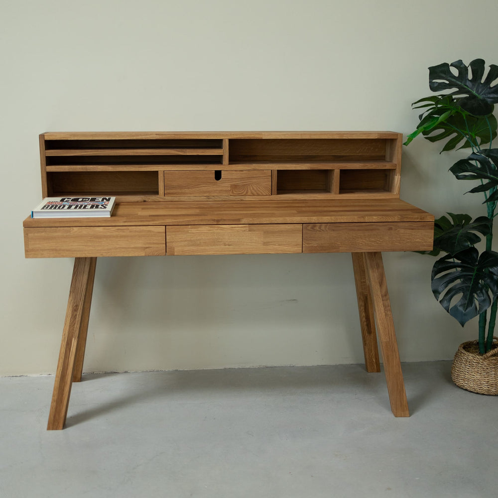 NordicStory Mesa escritorio de madera maciza de roble Einstein 2 con estanteria flotante 140 x 55 x 106 cm.