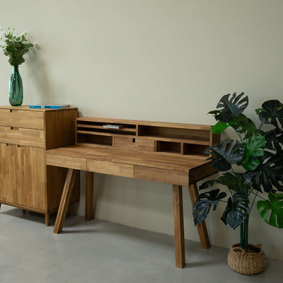 NordicStory Mesa escritorio de madera maciza de roble Einstein 2 con estanteria flotante 140 x 55 x 106 cm.