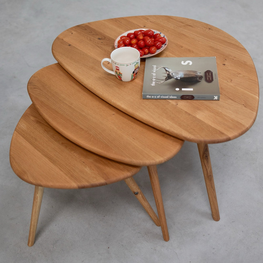NordicStory Set de 3 mesas de centro apiables de madera maciza roble Geneva