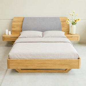 ALINA Solid Oak Bed with Attached Nightstands | NordicStory