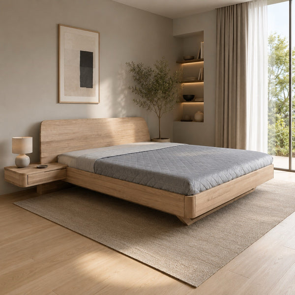 ALINA Solid Oak Bed with Attached Nightstands | NordicStory