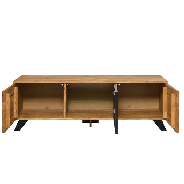 NordicStory Mueble de TV de madera maciza roble con patas de metal color negro Moritz